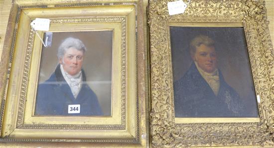 19th century English School, oil on mill-board, portrait of a gentleman, 27 x 22cm and a pastel portrait of the same gentleman